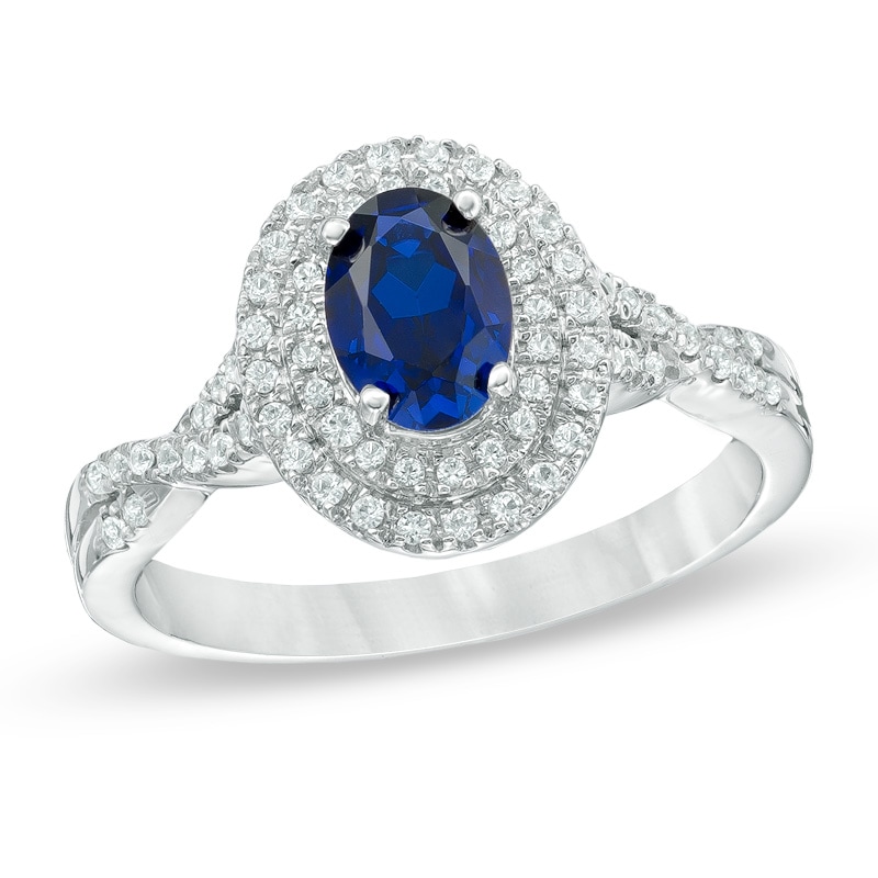 Oval Lab-Created Blue and White Sapphire Double Frame Ring in 10K White Gold