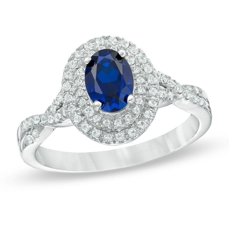Main Image 1 of Oval Lab-Created Blue and White Sapphire Double Frame Ring in 10K White Gold