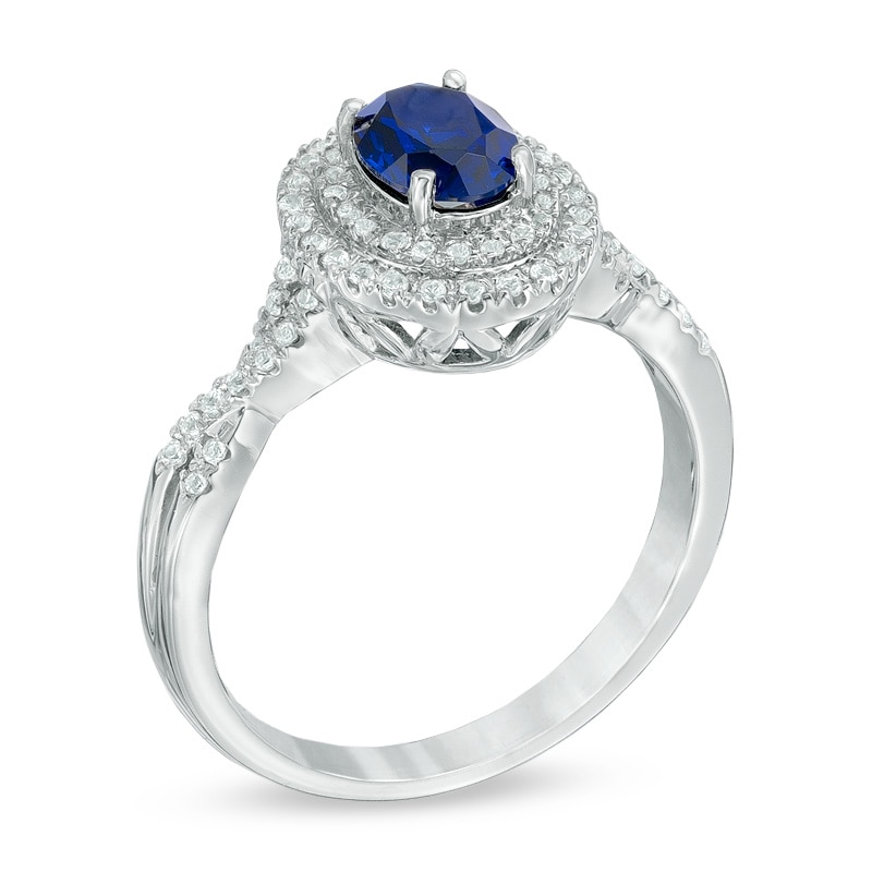 Oval Lab-Created Blue and White Sapphire Double Frame Ring in 10K White Gold