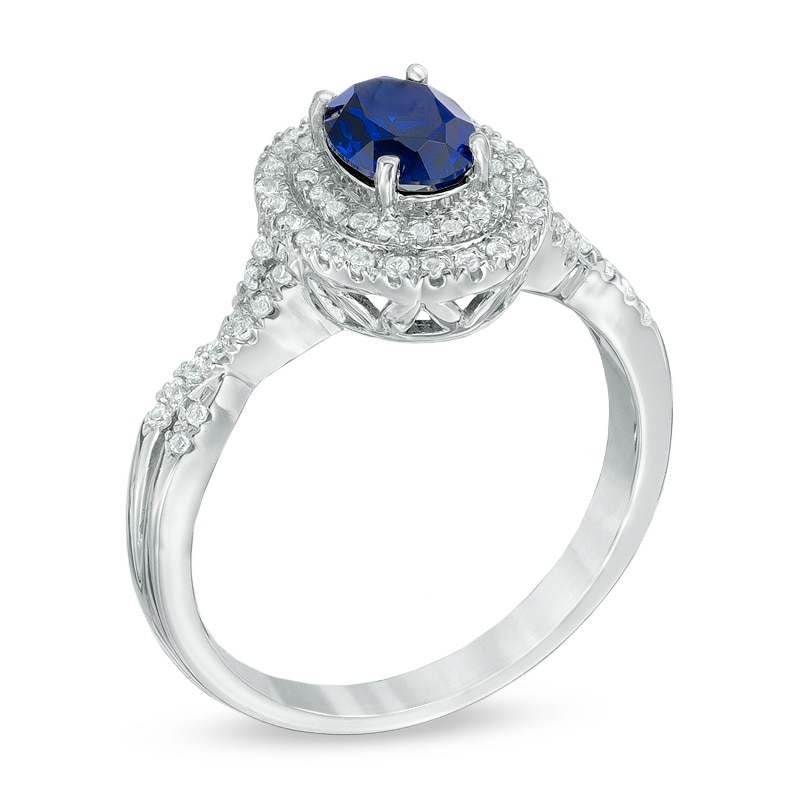 Main Image 2 of Oval Lab-Created Blue and White Sapphire Double Frame Ring in 10K White Gold