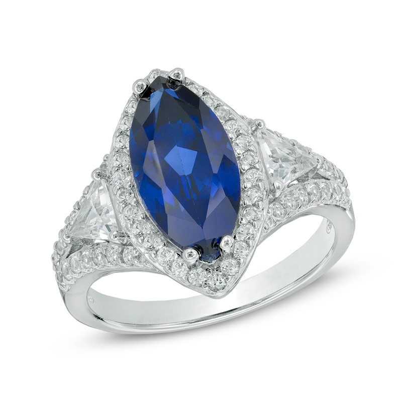 Marquise-Cut Lab-Created Blue and White Sapphire Ring in Sterling Silver