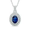 Thumbnail Image 1 of Oval Lab-Created Blue and White Sapphire Frame Pendant in 10K White Gold