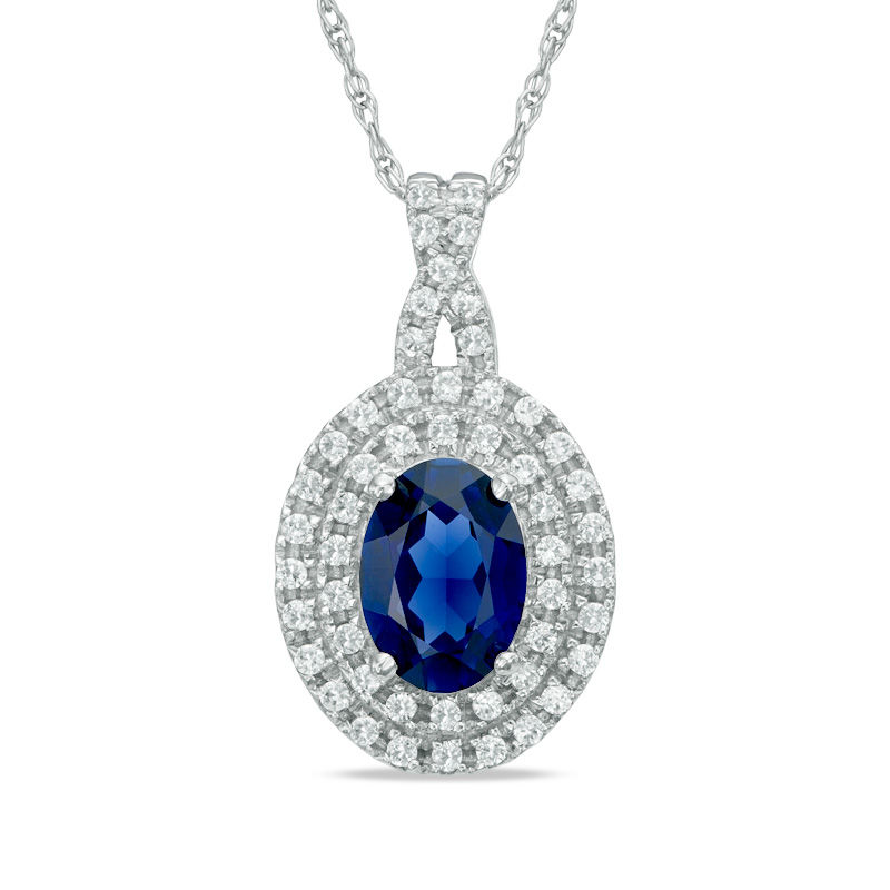 Main Image 1 of Oval Lab-Created Blue and White Sapphire Frame Pendant in 10K White Gold