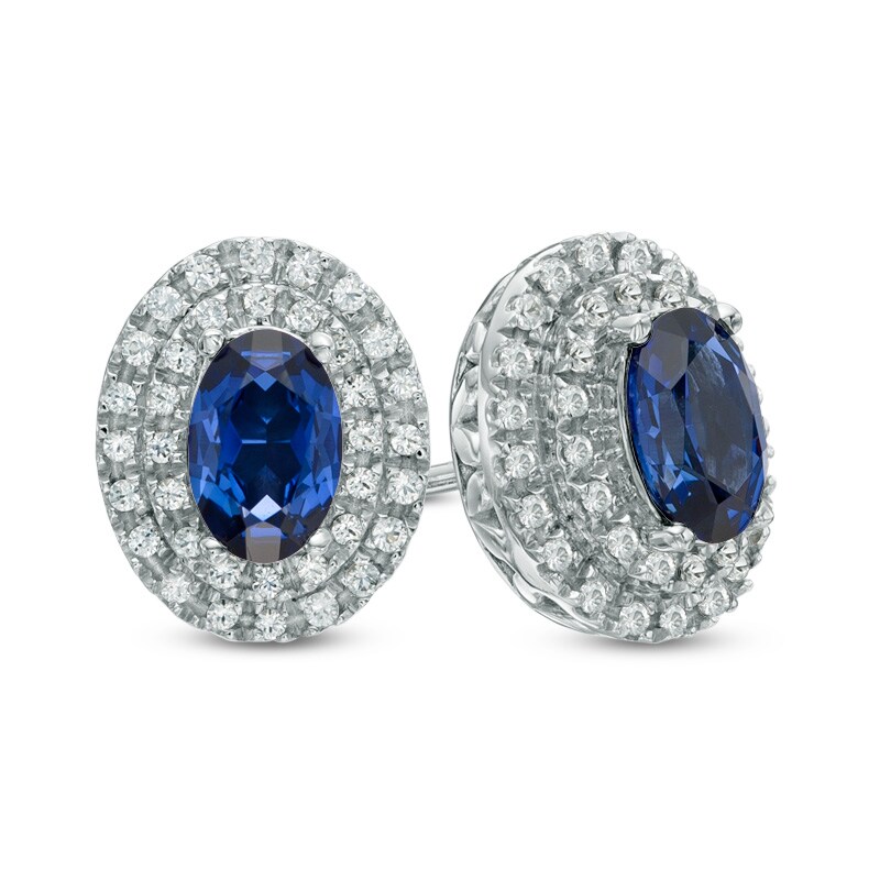 Main Image 1 of Oval Lab-Created Blue and White Sapphire Frame Stud Earrings in 10K White Gold