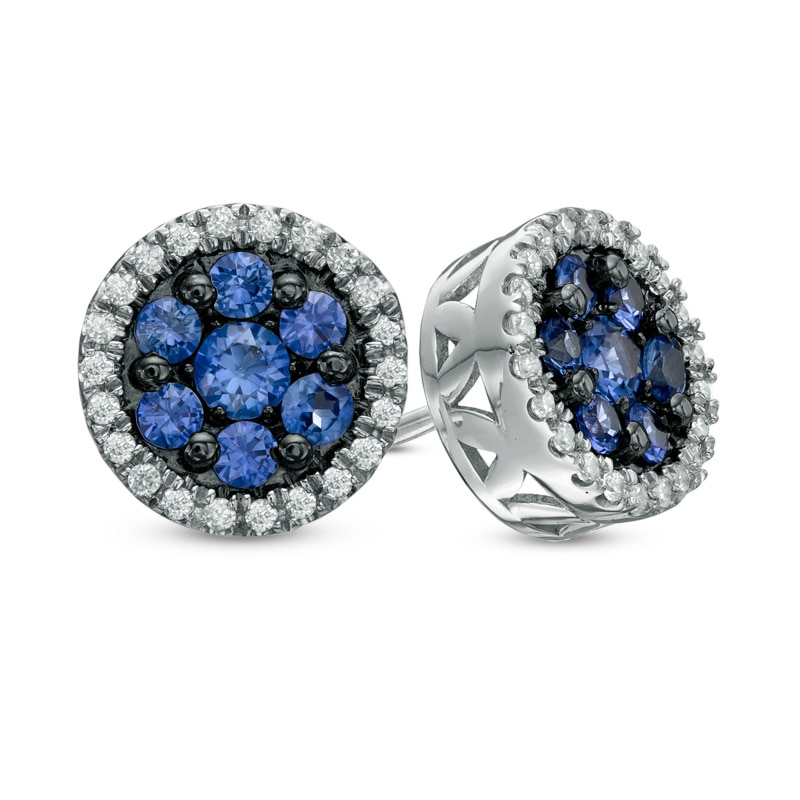 Lab-Created Blue and White Sapphire Frame Stud Earrings in Sterling Silver