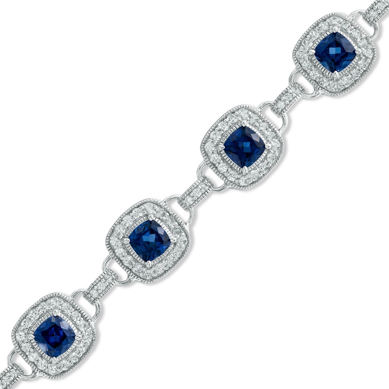 Main Image 1 of Cushion-Cut Lab-Created Blue and White Sapphire Bracelet in Sterling Silver - 7.25"