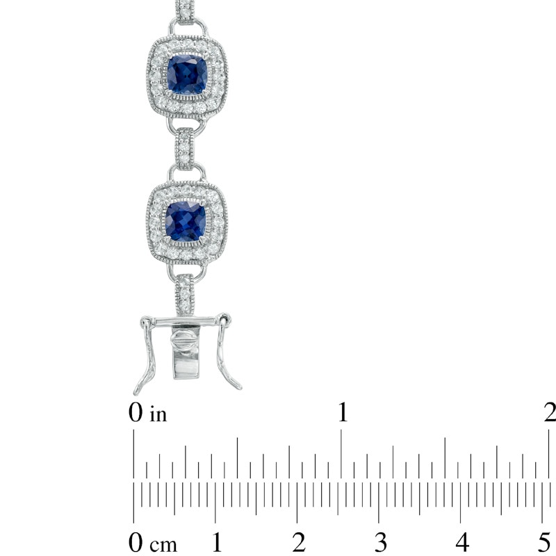 Main Image 2 of Cushion-Cut Lab-Created Blue and White Sapphire Bracelet in Sterling Silver - 7.25"