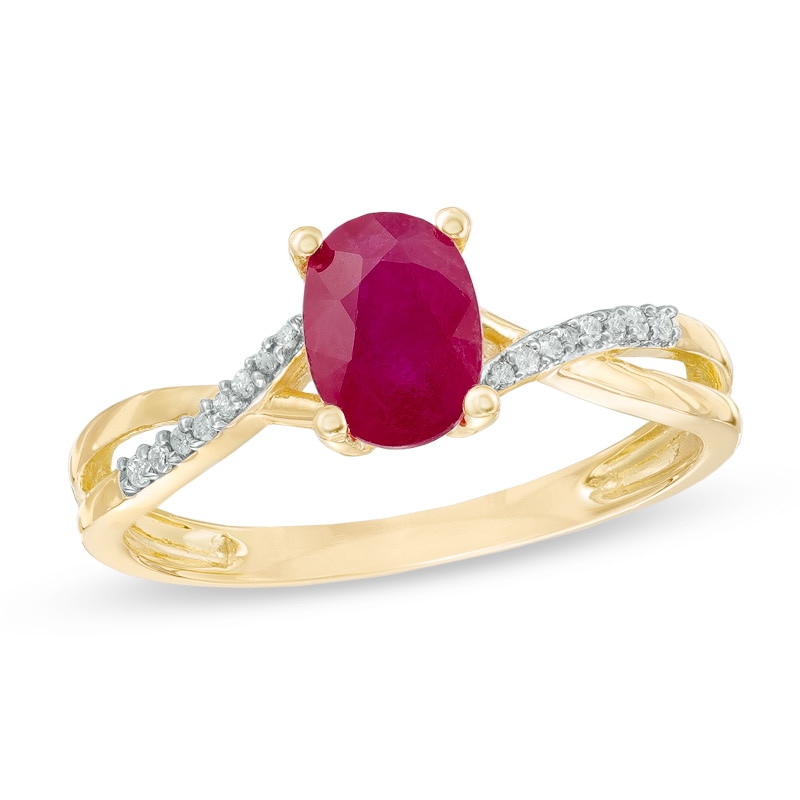 Main Image 1 of Oval Ruby and Diamond Accent Ring in 10K Gold