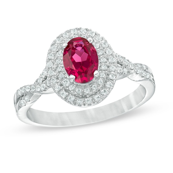 Oval Lab-Created Ruby and White Sapphire Double Frame Ring in 10K White Gold