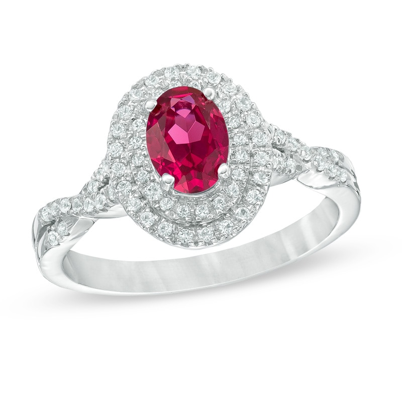 Main Image 1 of Oval Lab-Created Ruby and White Sapphire Double Frame Ring in 10K White Gold
