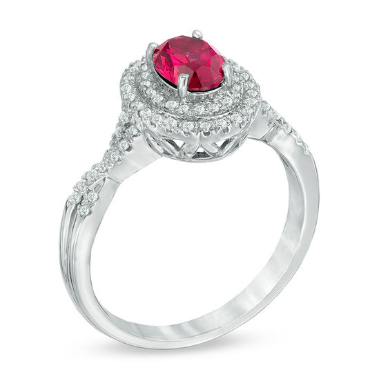 Oval Lab-Created Ruby and White Sapphire Double Frame Ring in 10K White Gold