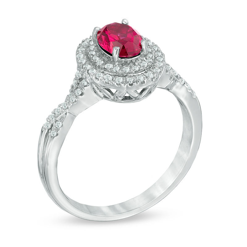 Main Image 2 of Oval Lab-Created Ruby and White Sapphire Double Frame Ring in 10K White Gold