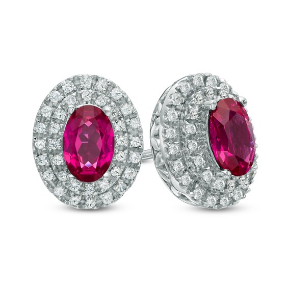 Oval Lab-Created Ruby and White Sapphire Frame Stud Earrings in 10K White Gold