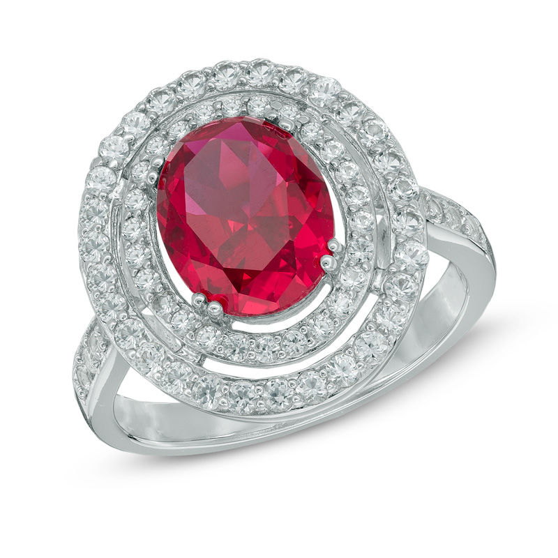 Main Image 1 of Oval Lab-Created Ruby and White Sapphire Double Frame Ring in Sterling Silver