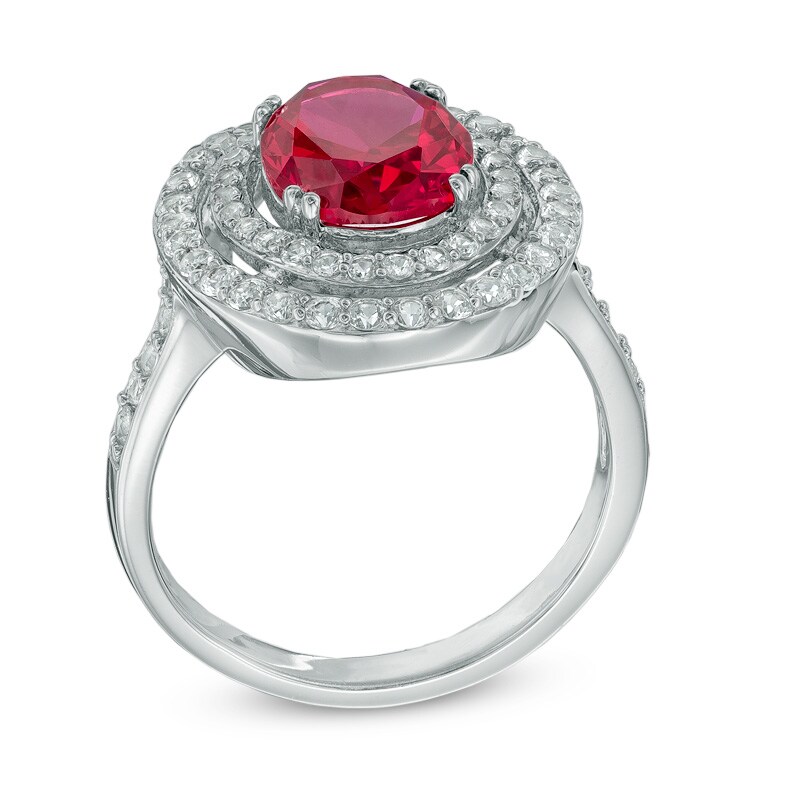 Main Image 2 of Oval Lab-Created Ruby and White Sapphire Double Frame Ring in Sterling Silver