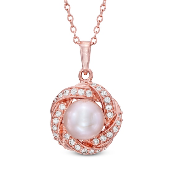 7.0-7.5mm Pink Freshwater Cultured Pearl and Lab-Created White Sapphire Pendant in 10K Rose Gold
