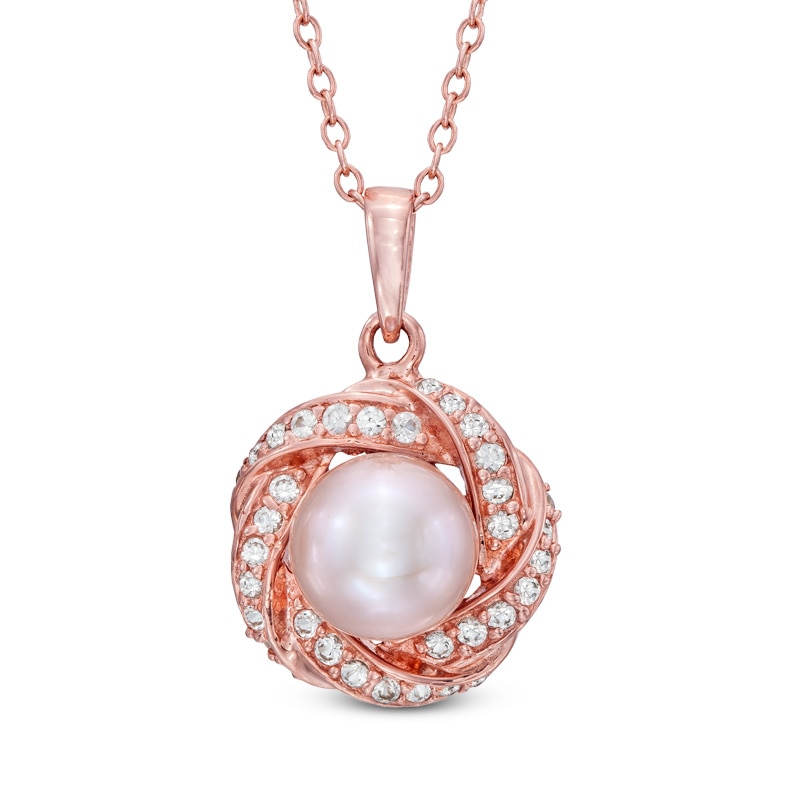 Main Image 1 of 7.0-7.5mm Pink Freshwater Cultured Pearl and Lab-Created White Sapphire Pendant in 10K Rose Gold