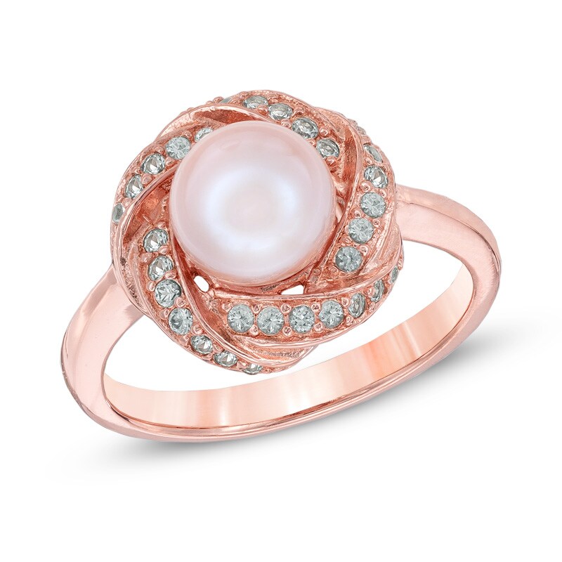 Main Image 1 of 7.0-7.5mm Pink Freshwater Cultured Pearl and Lab-Created White Sapphire Ring in 10K Rose Gold