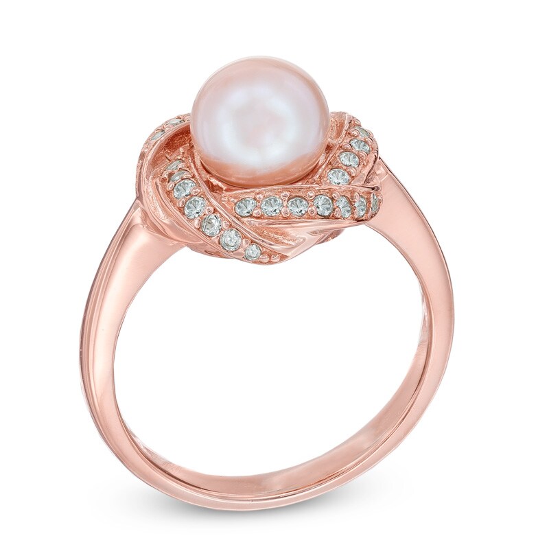 Main Image 2 of 7.0-7.5mm Pink Freshwater Cultured Pearl and Lab-Created White Sapphire Ring in 10K Rose Gold