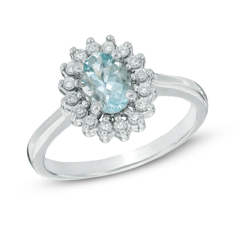Main Image 1 of Oval Aquamarine and White Sapphire Frame Ring in Sterling Silver