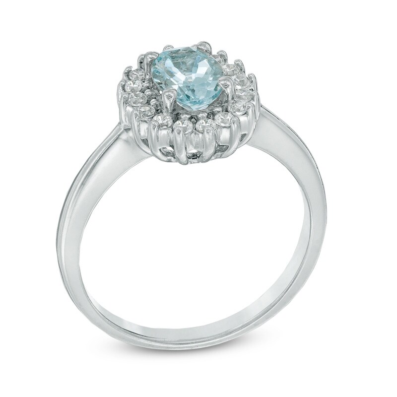 Main Image 2 of Oval Aquamarine and White Sapphire Frame Ring in Sterling Silver