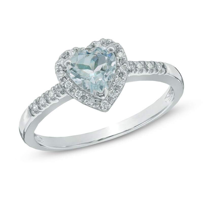 6.0mm Heart-Shaped Aquamarine and Diamond Accent Ring in 10K White Gold