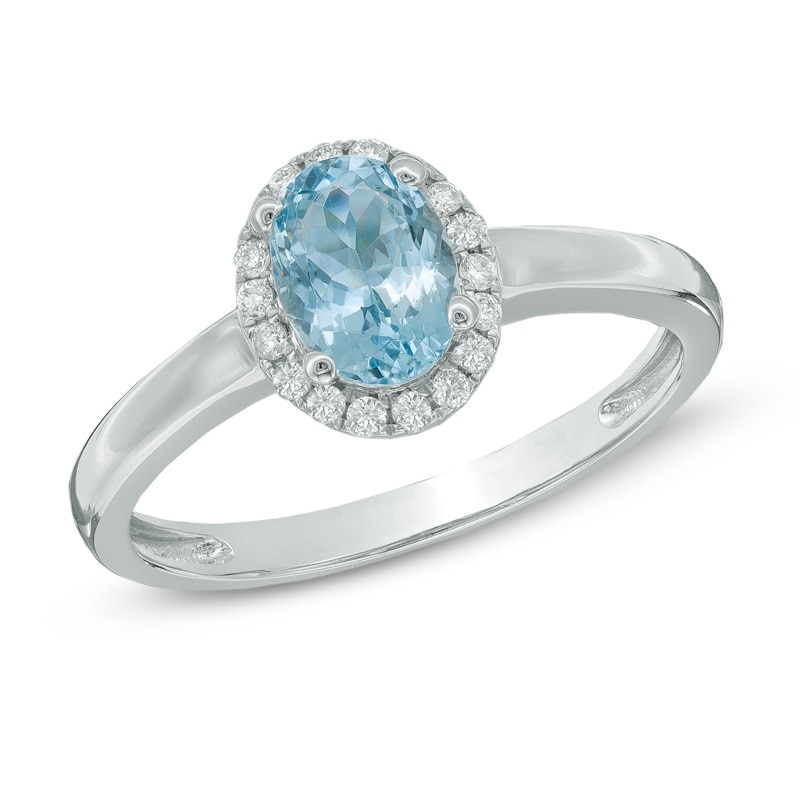 Main Image 1 of Oval Aquamarine and Diamond Accent Ring in 10K White Gold