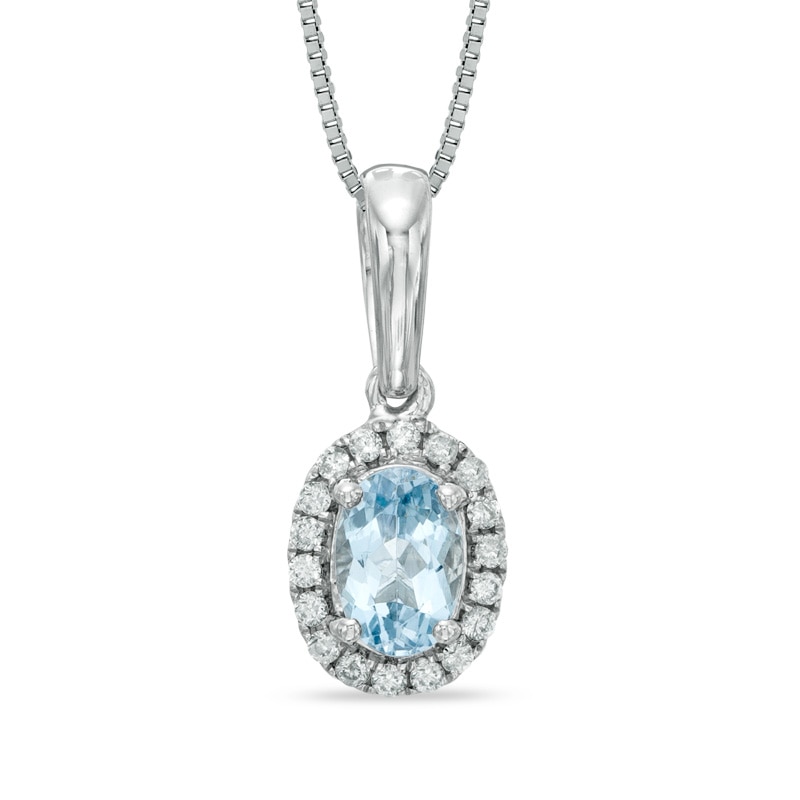 Main Image 1 of Oval Aquamarine and 1/10 CT. T.W. Diamond Pendant in 10K White Gold