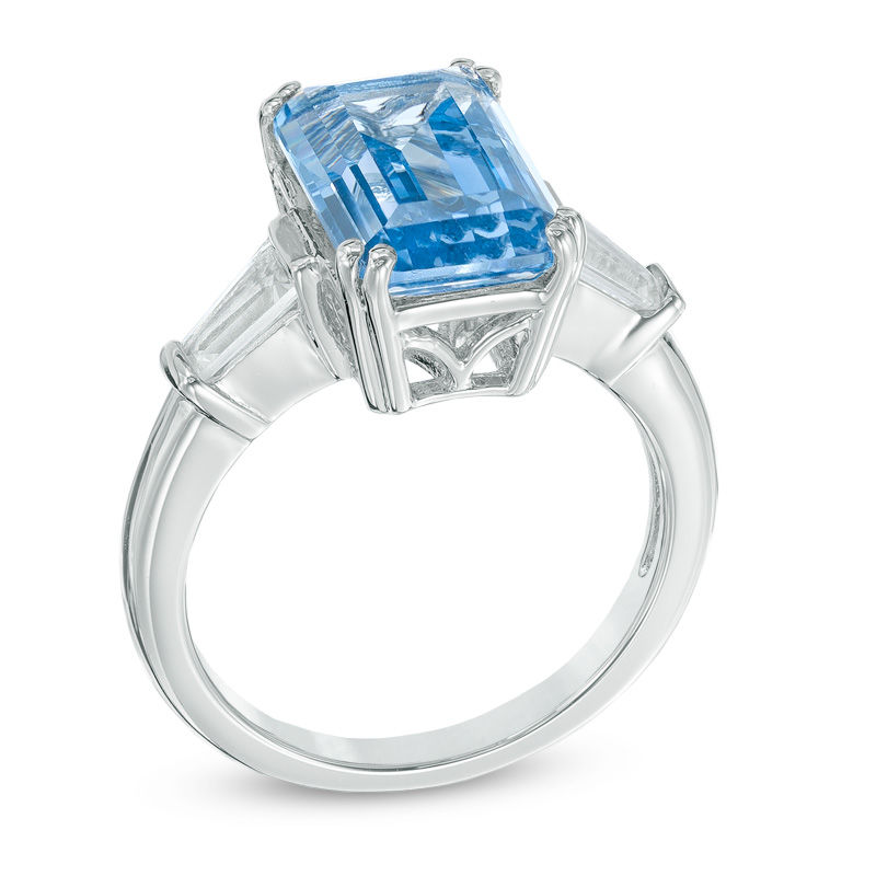 Main Image 2 of Emerald-Cut Lab-Created Blue Spinel and White Sapphire Ring in Sterling Silver