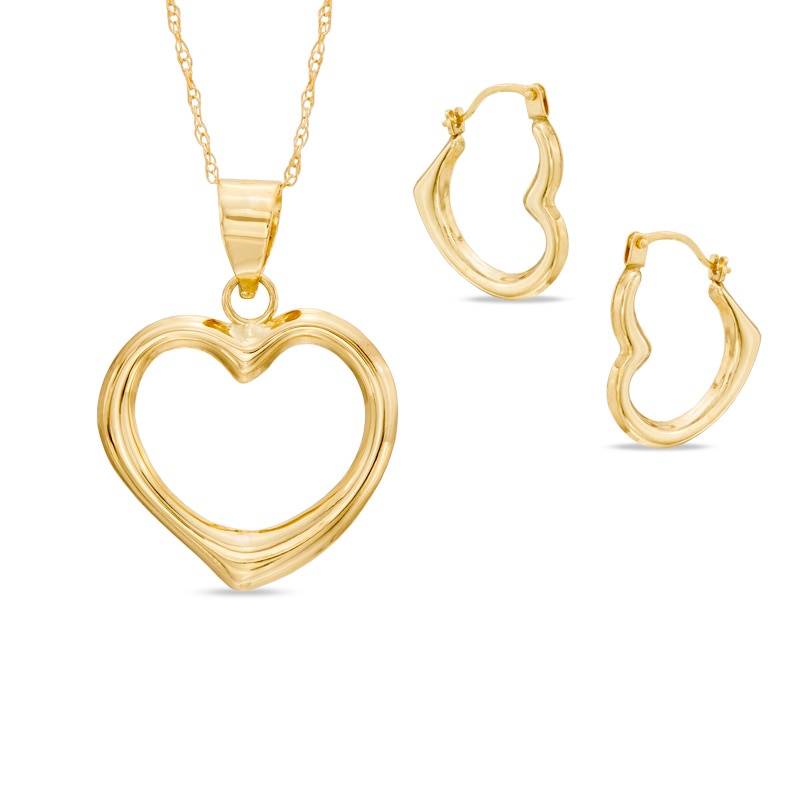 Main Image 1 of Heart Pendant and Hoop Earrings Set in 10K Gold