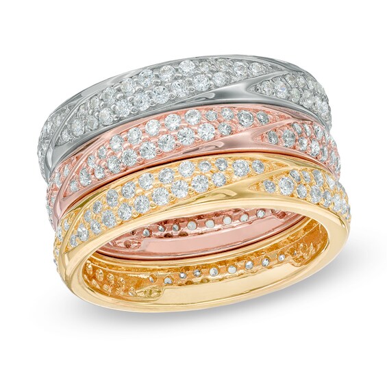 Lab-Created White Sapphire Stack Three Ring Set in Sterling Silver and 18K Two-Tone Gold Plate