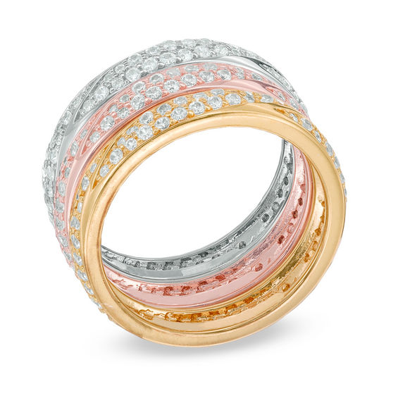 Lab-Created White Sapphire Stack Three Ring Set in Sterling Silver and 18K Two-Tone Gold Plate