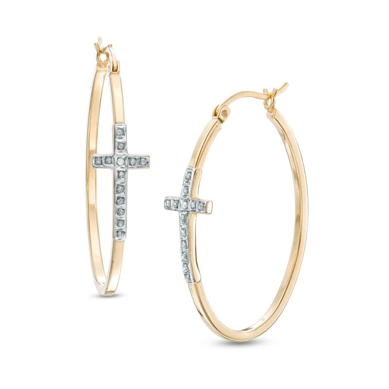 Diamond Fascination™ Cross Oval Hoop Earrings in Sterling Silver and 18K Gold Plate