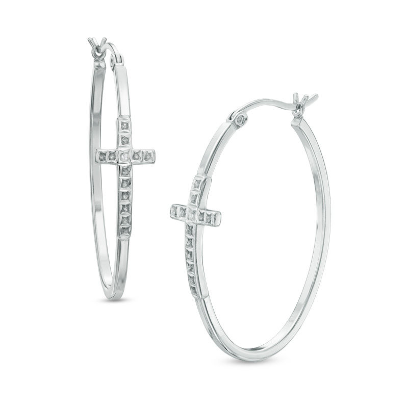 Diamond Fascination™ Cross Oval Hoop Earrings in Sterling Silver with Platinum Plate