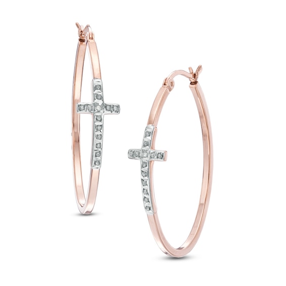 Diamond Fascination™ Cross Oval Hoop Earrings in Sterling Silver and 18K Rose Gold Plate