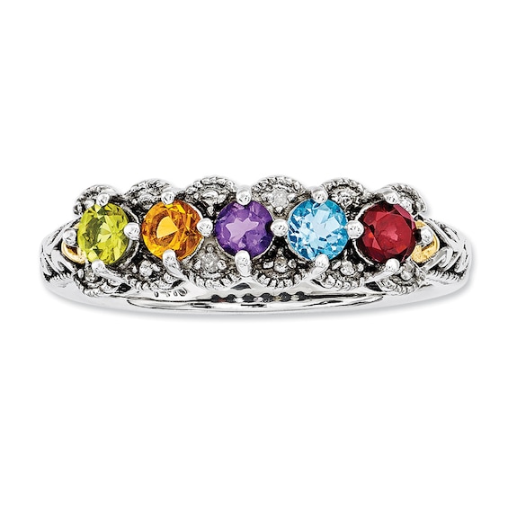 Mother's Simulated Birthstone and Diamond Accent Ring in Sterling Silver and 14K Gold (5 Stones) Mother's Simulated Birthstone and Diamond Accent Ring in Sterling Silver and 14K Gold (5 Stones)