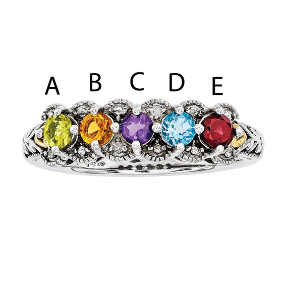 Mother's Simulated Birthstone and Diamond Accent Ring in Sterling Silver and 14K Gold (5 Stones) Mother's Simulated Birthstone and Diamond Accent Ring in Sterling Silver and 14K Gold (5 Stones)