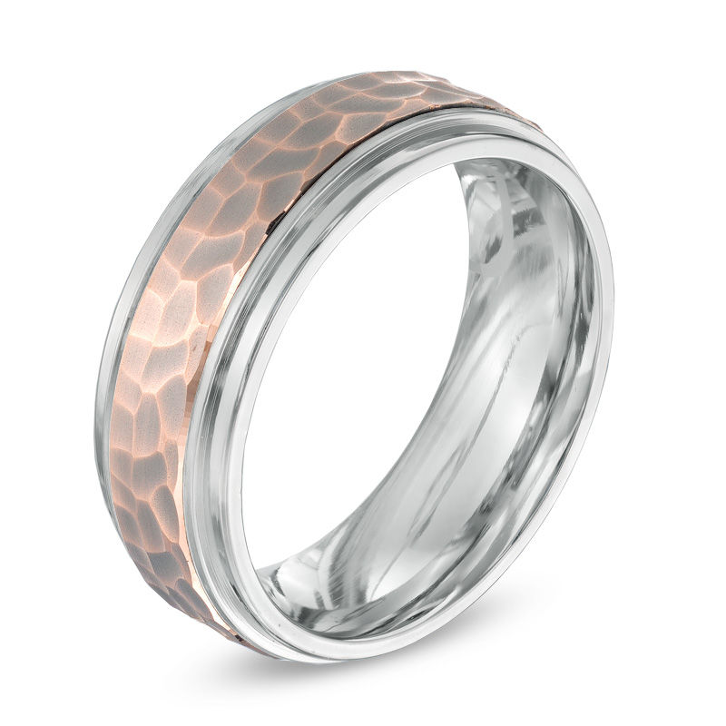 Men's 8.0mm Titanium and 10K Rose Gold Hammered Comfort Fit Wedding Band