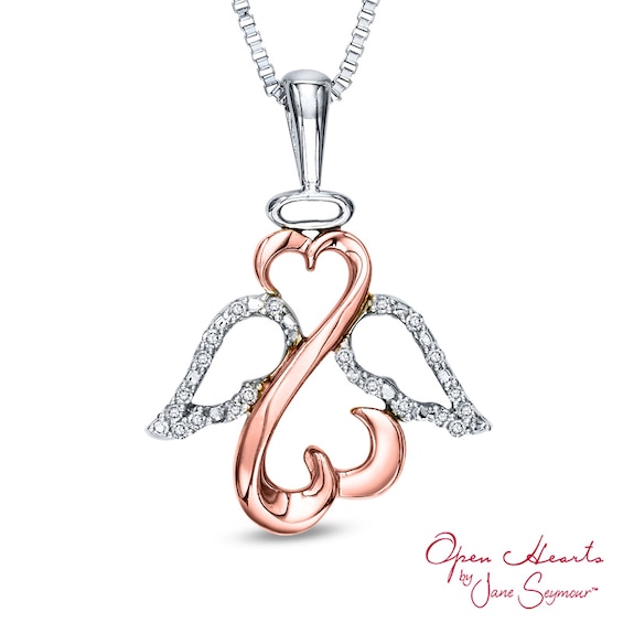 Open Hearts by Jane Seymour⢠Diamond Accent Wings and Halo Pendant in Sterling Silver and 10K Rose Gold