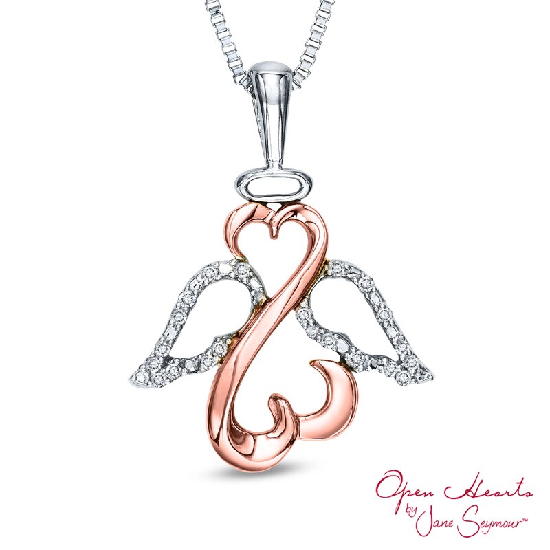 Main Image 1 of Open Hearts by Jane Seymour™ Diamond Accent Wings and Halo Pendant in Sterling Silver and 10K Rose Gold