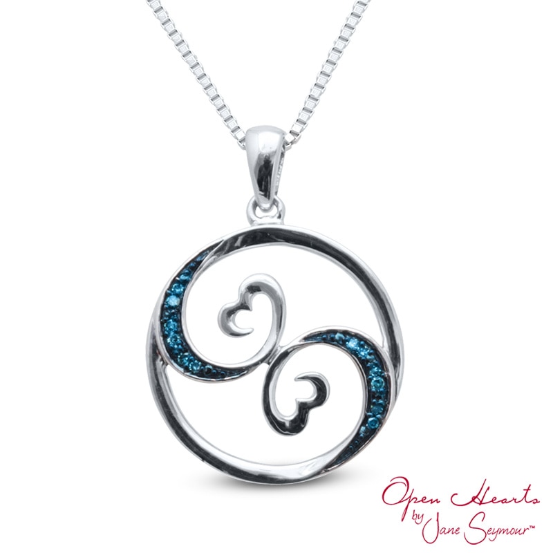 Main Image 1 of Open Hearts Waves by Jane Seymour™ Enhanced Blue Diamond Accent Circle Pendant in Sterling Silver