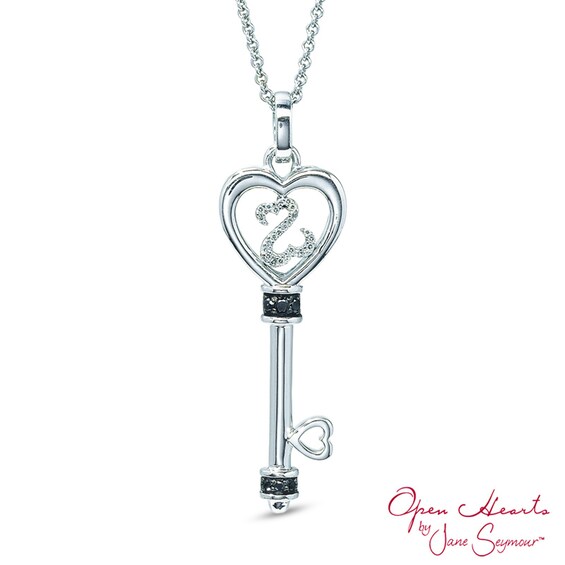 Open Hearts by Jane Seymourâ¢ Enhanced Black and White Diamond Accent Top Key Pendant in Sterling Silver