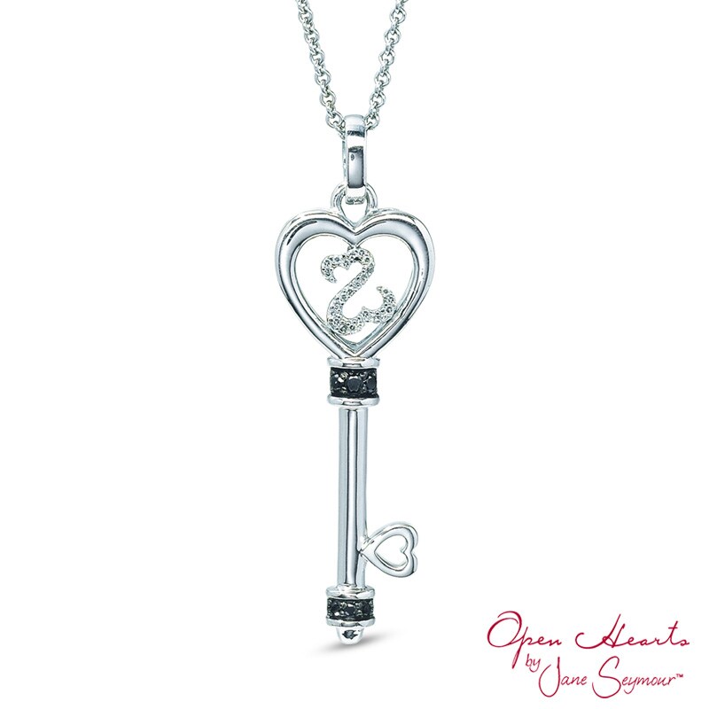 Open Hearts by Jane Seymour™ Enhanced Black and White Diamond Accent Top Key Pendant in Sterling Silver