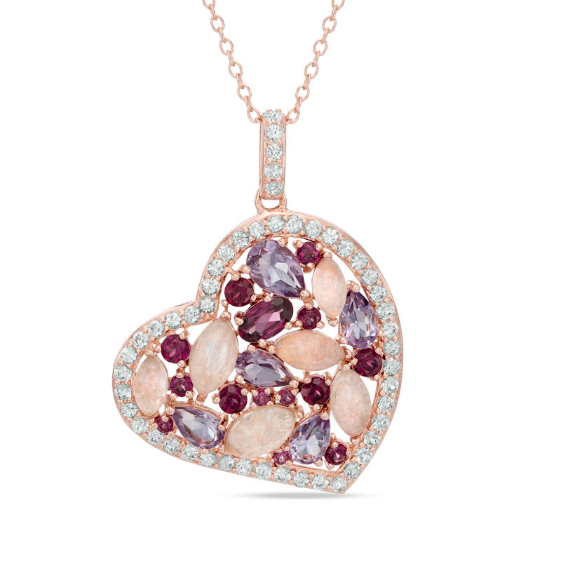 Main Image 1 of Multi-Gemstone and Lab-Created White Sapphire Heart Pendant in Sterling Silver with 18K Rose Gold Plate