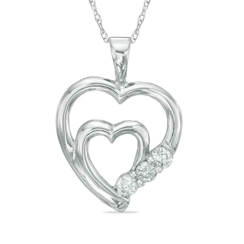 1/10 CT. T.W. Diamond Three Stone Double Heart Pendant in 10K White Gold