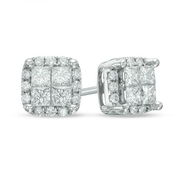1 CT. T.W. Quad PrincessCut Diamond Frame Stud Earrings in 14K White