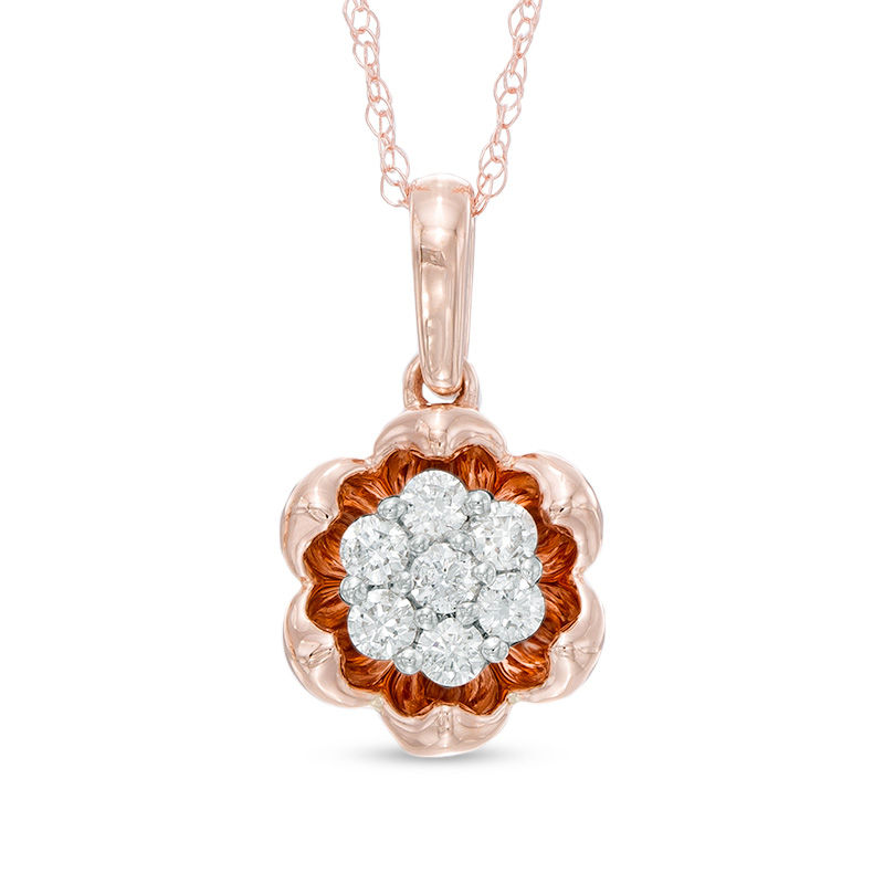 1/5 CT. T.W. Diamond Cluster with Flower Frame Pendant in 14K Rose Gold