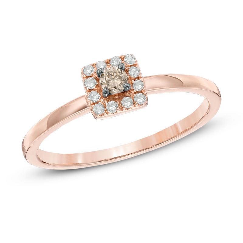1/6 CT. T.W. Champagne and White Diamond Square Frame Promise Ring in 10K Rose Gold