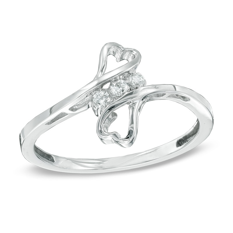 Diamond Accent Three Stone Bypass Hearts Ring in 10K White Gold