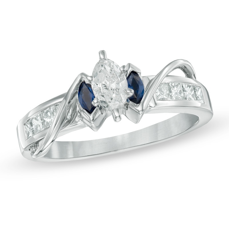 5/8 CT. T.W. Marquise Diamond and Blue Sapphire Three Stone Ring in 14K White Gold